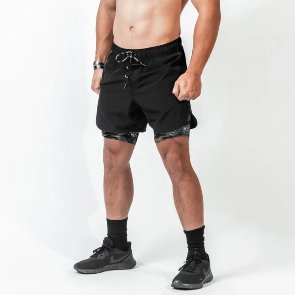 China Summer Polyester Spandex Mesh Breathable Bodybuilding Workout Shorts Men 2 in 1 Camouflage Running Fitness Gym Shorts - Image 4