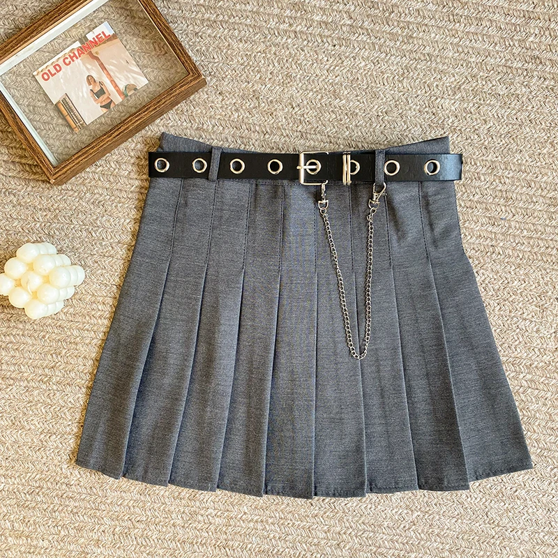 Spring Fall Japanese Style Short Mini Pleated Skirt Women Belt Chain Sexy Y2K High Waist A-line Skirts Leisure Solid Color Jupes - Image 3