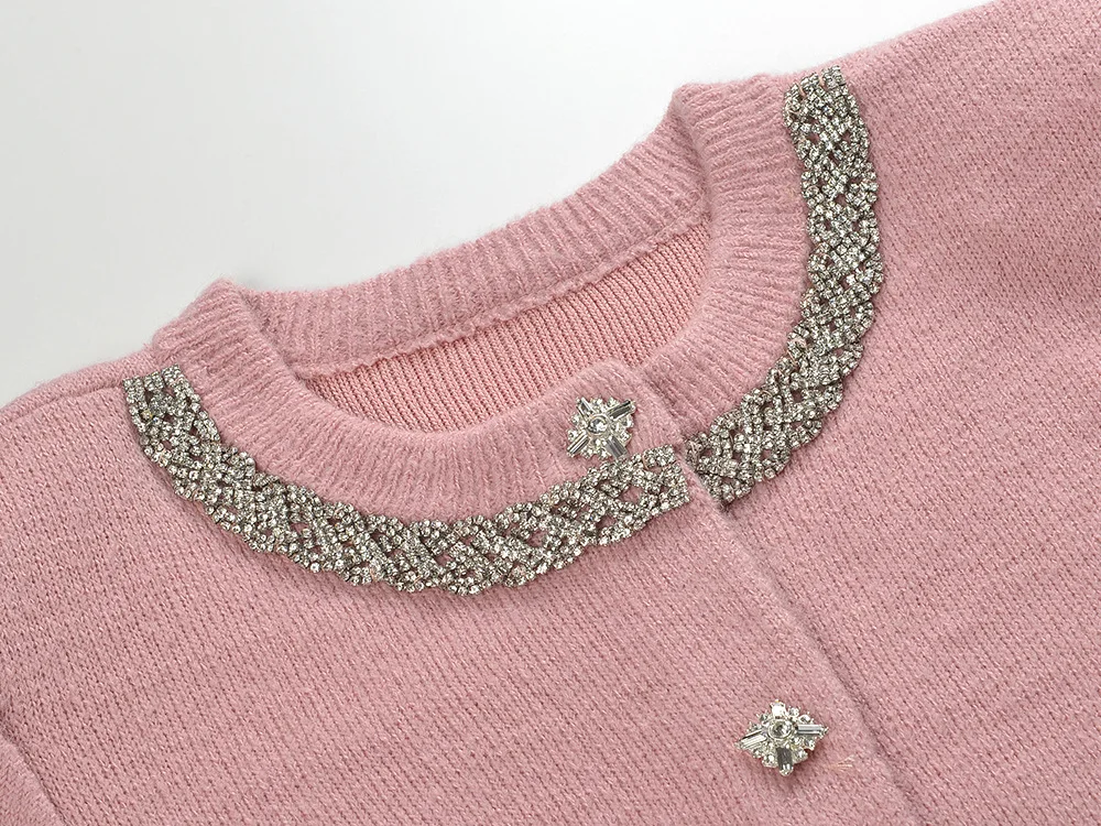 2024 French Style Lady Solid Suit Rhinestone O-neck Long Sleeve Single-breasted Cardigan Slim Long Skirt Women Knit 2Pcs - Image 4