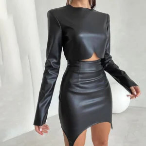Cut-Out Fashion PU Outfits Black Leather Crop Top and High Waist Mini Short Skirt Women 2 Piece Sets Ensemble Jupe Et Haut Femme