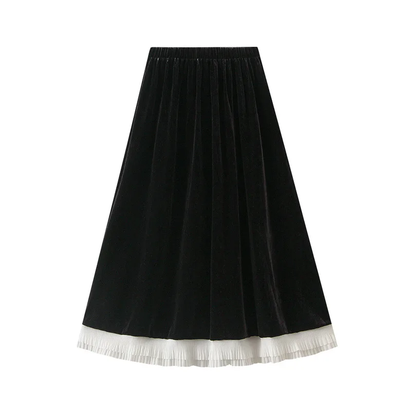 2024 Fall Winter Velvet Midi Skirt Women Ruffles Patchwork Elegant Warm Black High Waist Luxury Long A-line Skirt Ladies Faldas