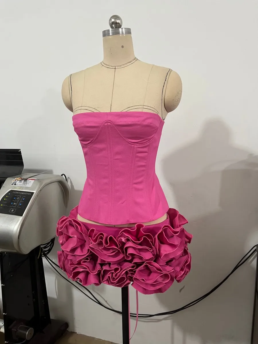 SS2367 Hot Fashion Summer Sleeveless Two Pieces Set Sexy Tops Matching Flowers Mini Skirt Women Two Pieceset - Image 3