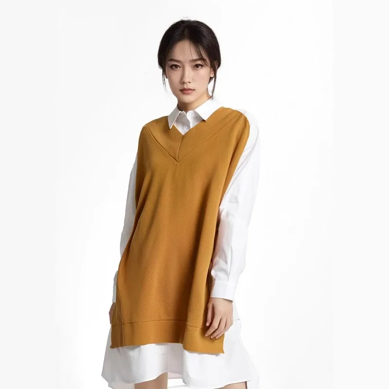 2024 Autumn and Winter New Silhouette Knit Stitching Shirt Dress Women Casual Simple Design Sense Dress - Image 5