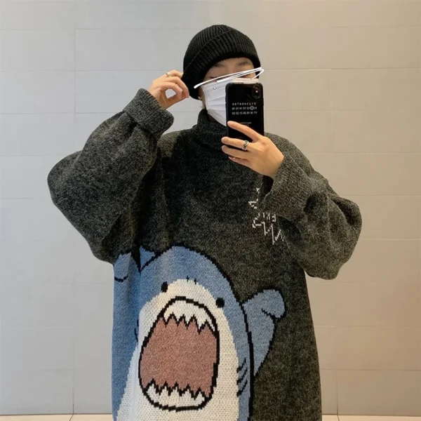 Men Turtlenecks Shark Sweater Men 2023 Winter Patchwork Harajuku Korean Style High Neck Oversized Grey Turtleneck for Men - Image 3