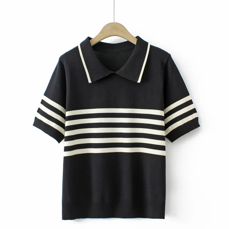 Summer New Arrival Neck Short Sleeve Stripe Knit Women Shirt - Image 6