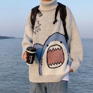 Men Turtlenecks Shark Sweater Men 2023 Winter Patchwork Harajuku Korean Style High Neck Oversized Grey Turtleneck for Men