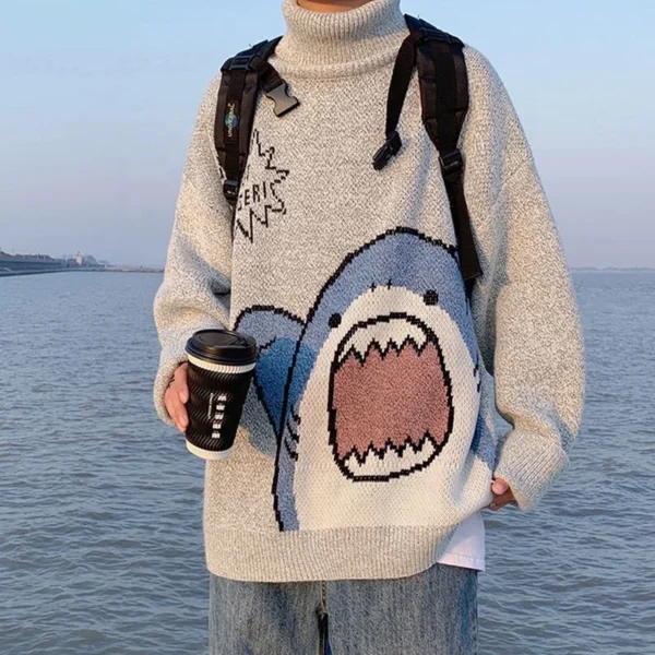 Men Turtlenecks Shark Sweater Men 2023 Winter Patchwork Harajuku Korean Style High Neck Oversized Grey Turtleneck for Men