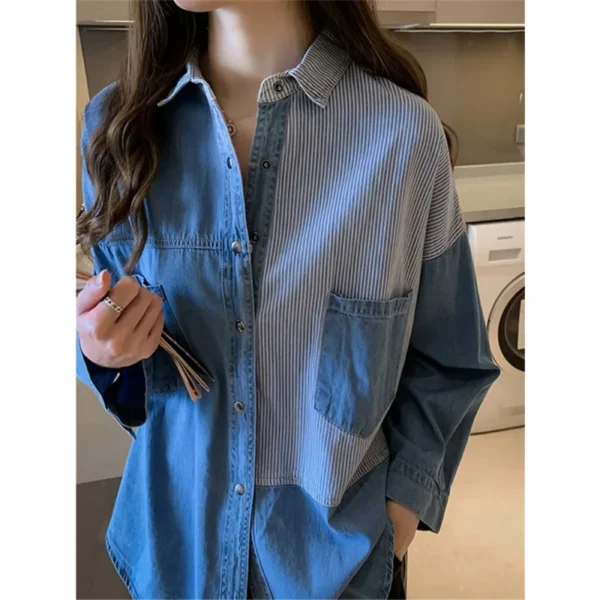 Women Shirt Casual Long Sleeve Denim Patchwork Shirts Women's Blouse Clothes Loose Striped Comfortable Tops Fashion Female Shirt - Image 5