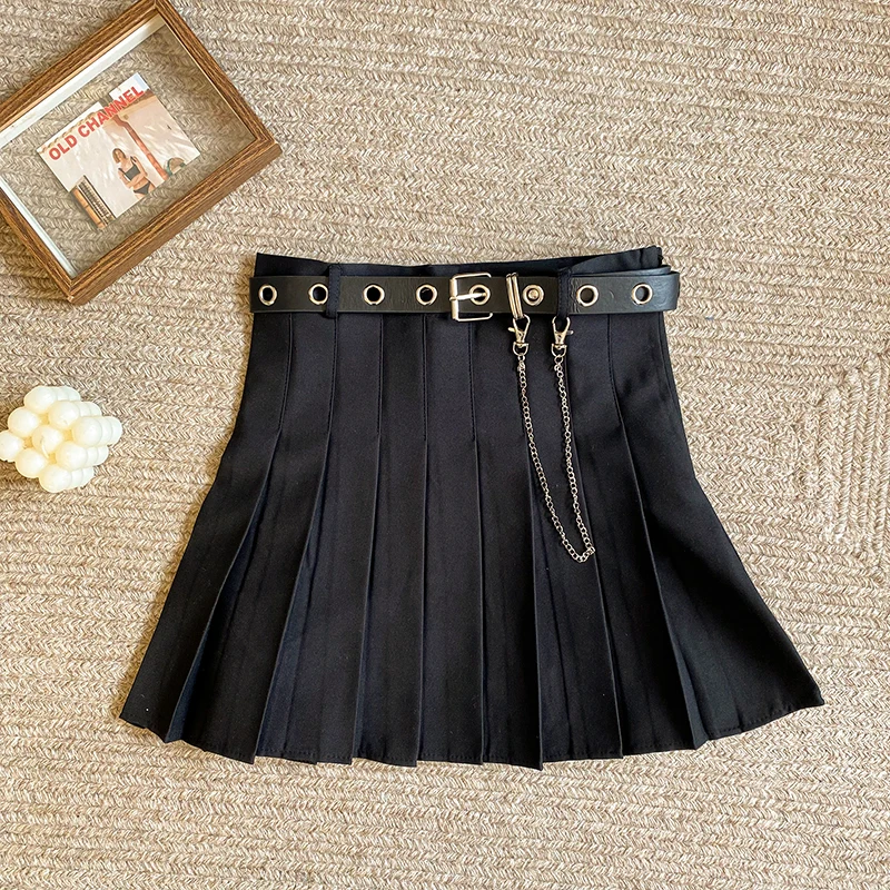Spring Fall Japanese Style Short Mini Pleated Skirt Women Belt Chain Sexy Y2K High Waist A-line Skirts Leisure Solid Color Jupes - Image 2