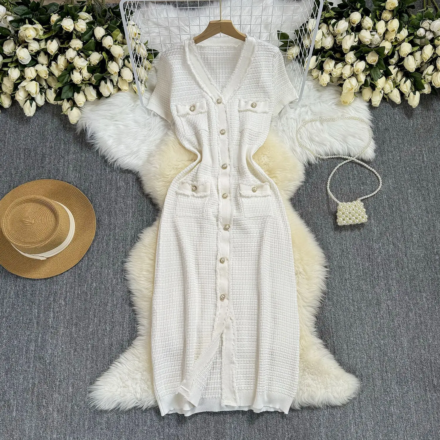 Ladies Bodycon Out Fit Buttoned Sweater Dress Women V-neck Mid Length Womens Long Skirt Summer Knitted Short Sleeved Knitwear - Image 8