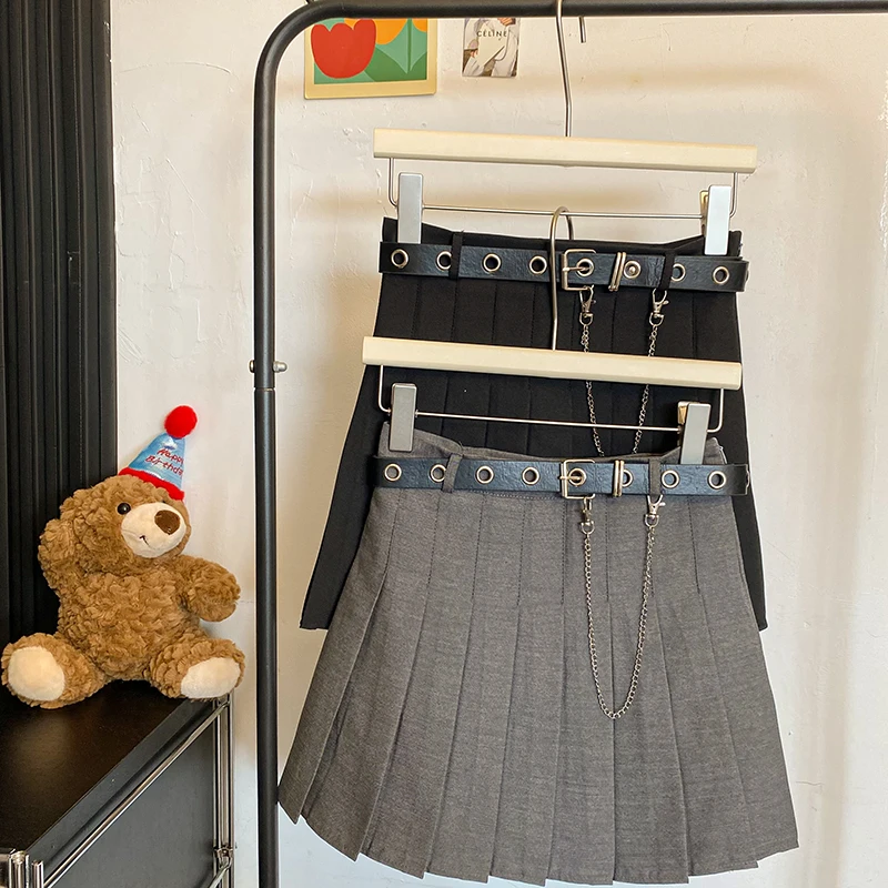 Spring Fall Japanese Style Short Mini Pleated Skirt Women Belt Chain Sexy Y2K High Waist A-line Skirts Leisure Solid Color Jupes