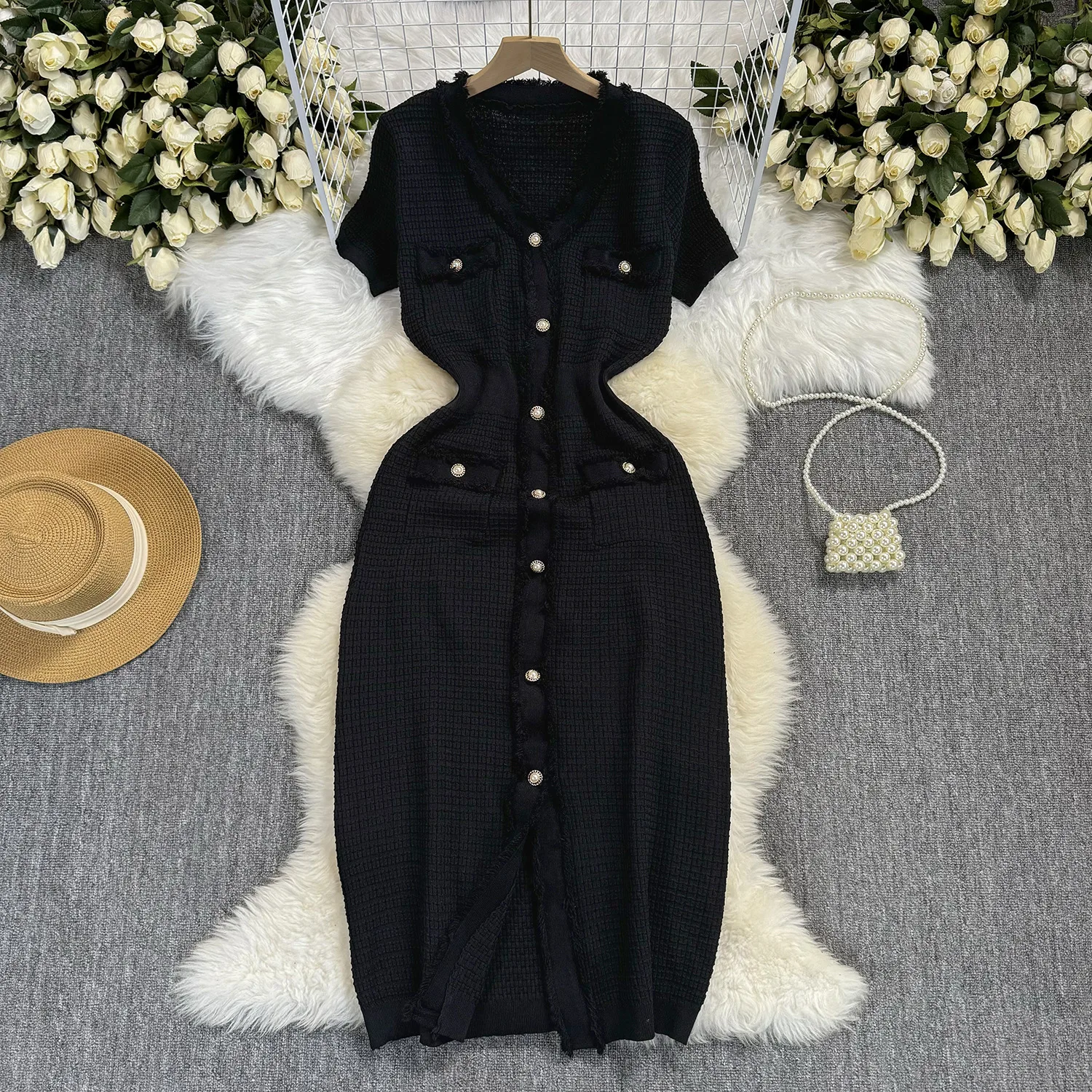 Ladies Bodycon Out Fit Buttoned Sweater Dress Women V-neck Mid Length Womens Long Skirt Summer Knitted Short Sleeved Knitwear - Image 7