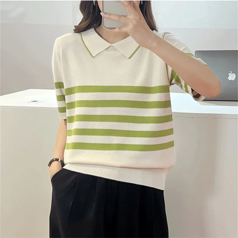 Summer New Arrival Neck Short Sleeve Stripe Knit Women Shirt - Image 3