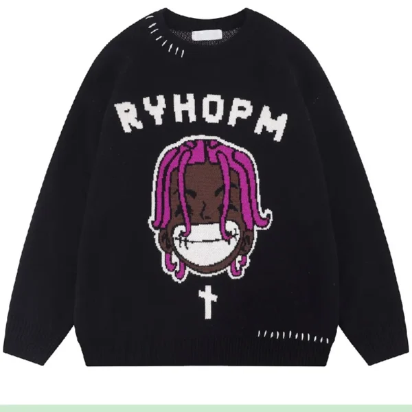 Vintage Cartoon Anime Knitted Sweater Men Winter Oversized Men's Rock Hip Hop Rap Pullover Women Jumper Ugly Sweater - Image 6
