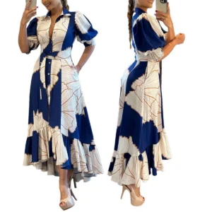 Y10356 Latest Design Summer Shirt Dresses Women Casual Irregular High Waist Cardigan Printed Long Dress Women Maxi Dress