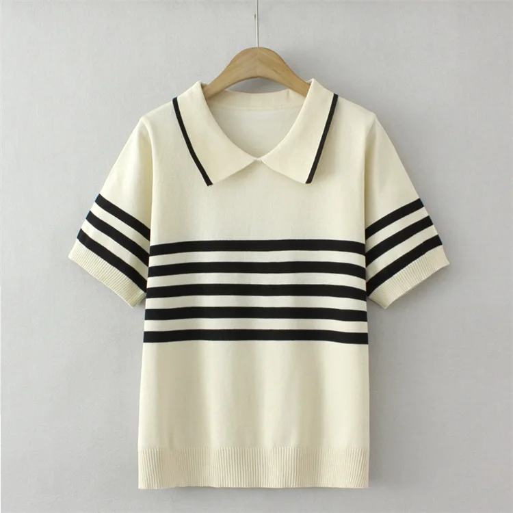 Summer New Arrival Neck Short Sleeve Stripe Knit Women Shirt - Image 5