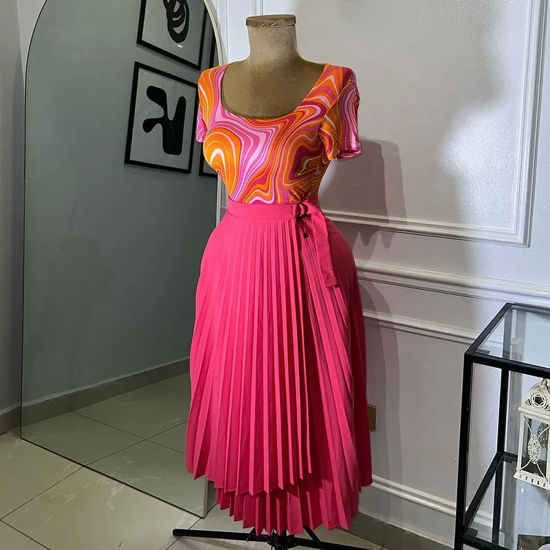 HK7517 Latest Design Summer Skirt Women High Waist Slim Lace up Irregular Mid Length A-line Pleated Skirts for Women - Image 5