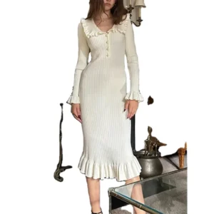 2024 New SBM Women's Vintage Dress Women Autumn Winter Knitted Slim Long Dress Woman Retro Elegant High Waist Ruffled Maxi
