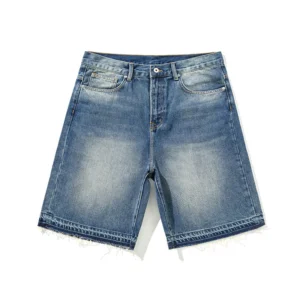 High Quality Summer Blue Raw Edges Hem Denim Shorts Men Jean Shorts Casual Clean Fit Baggy Jorts