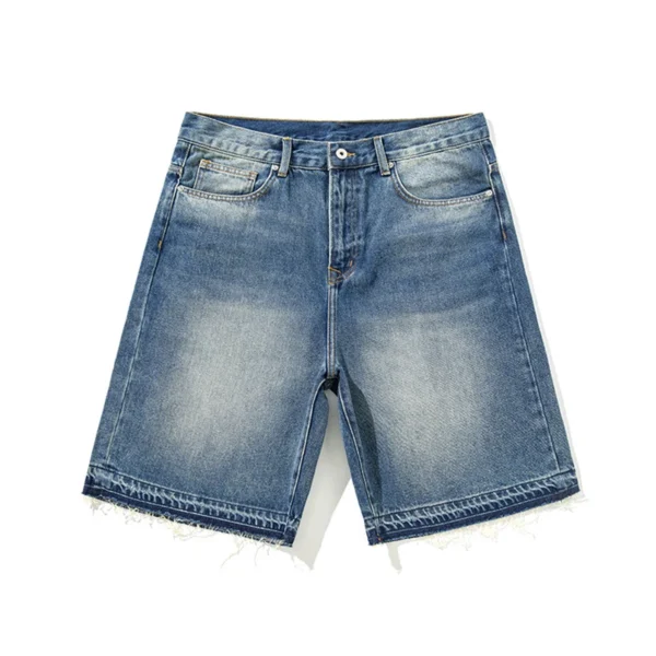 High Quality Summer Blue Raw Edges Hem Denim Shorts Men Jean Shorts Casual Clean Fit Baggy Jorts