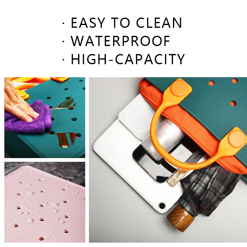 Perforated Colorful Reusable EVA Handbag Pink Women's Large Tote Bags for Women & Girl with Shoulder Strap for Beach & College - Image 4