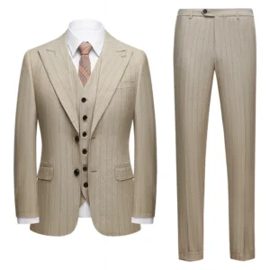 New Back 2 Splits M-4XL Men's Set Suit Korean Version Slim Striped Light Coffee Casual Suit Three-piece Suit Men Set  2 Vents