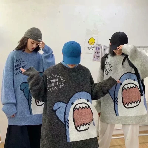 Men Turtlenecks Shark Sweater Men 2023 Winter Patchwork Harajuku Korean Style High Neck Oversized Grey Turtleneck for Men - Image 4