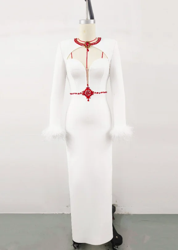 LS2530 Kimshein High Quality Dress With Ostrich Feathers Diamond Dress Women Crystal Long Sleeve Bandage Dress - Image 7