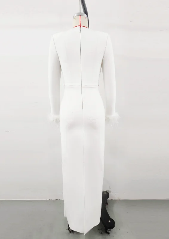 LS2530 Kimshein High Quality Dress With Ostrich Feathers Diamond Dress Women Crystal Long Sleeve Bandage Dress - Image 3