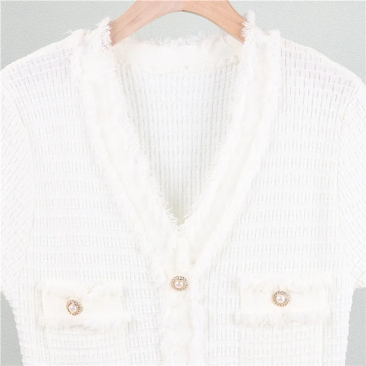 Ladies Bodycon Out Fit Buttoned Sweater Dress Women V-neck Mid Length Womens Long Skirt Summer Knitted Short Sleeved Knitwear - Image 3