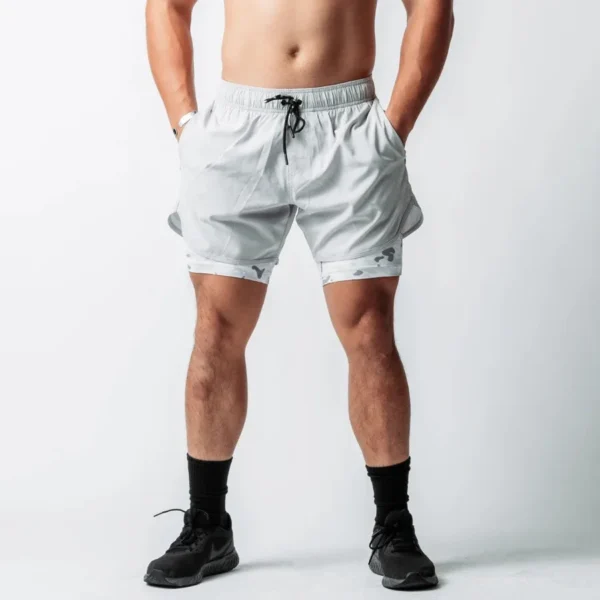 China Summer Polyester Spandex Mesh Breathable Bodybuilding Workout Shorts Men 2 in 1 Camouflage Running Fitness Gym Shorts - Image 5