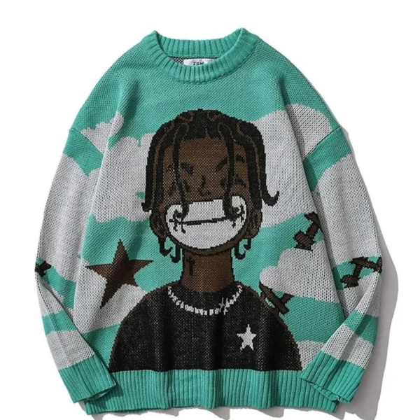 Vintage Cartoon Anime Knitted Sweater Men Winter Oversized Men's Rock Hip Hop Rap Pullover Women Jumper Ugly Sweater - Image 2