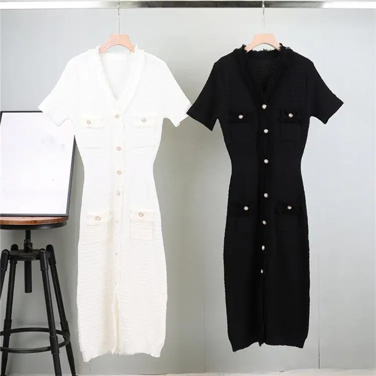 Ladies Bodycon Out Fit Buttoned Sweater Dress Women V-neck Mid Length Womens Long Skirt Summer Knitted Short Sleeved Knitwear