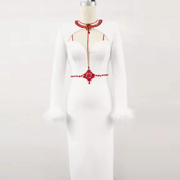 LS2530 Kimshein High Quality Dress With Ostrich Feathers Diamond Dress Women Crystal Long Sleeve Bandage Dress