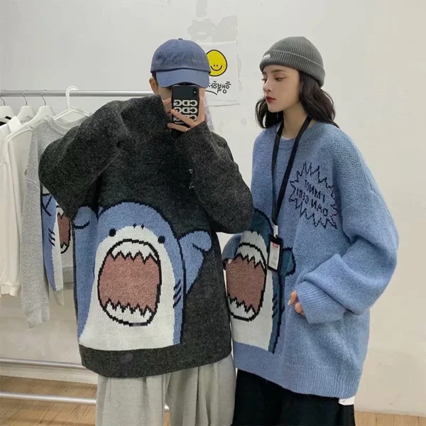 Men Turtlenecks Shark Sweater Men 2023 Winter Patchwork Harajuku Korean Style High Neck Oversized Grey Turtleneck for Men - Image 6