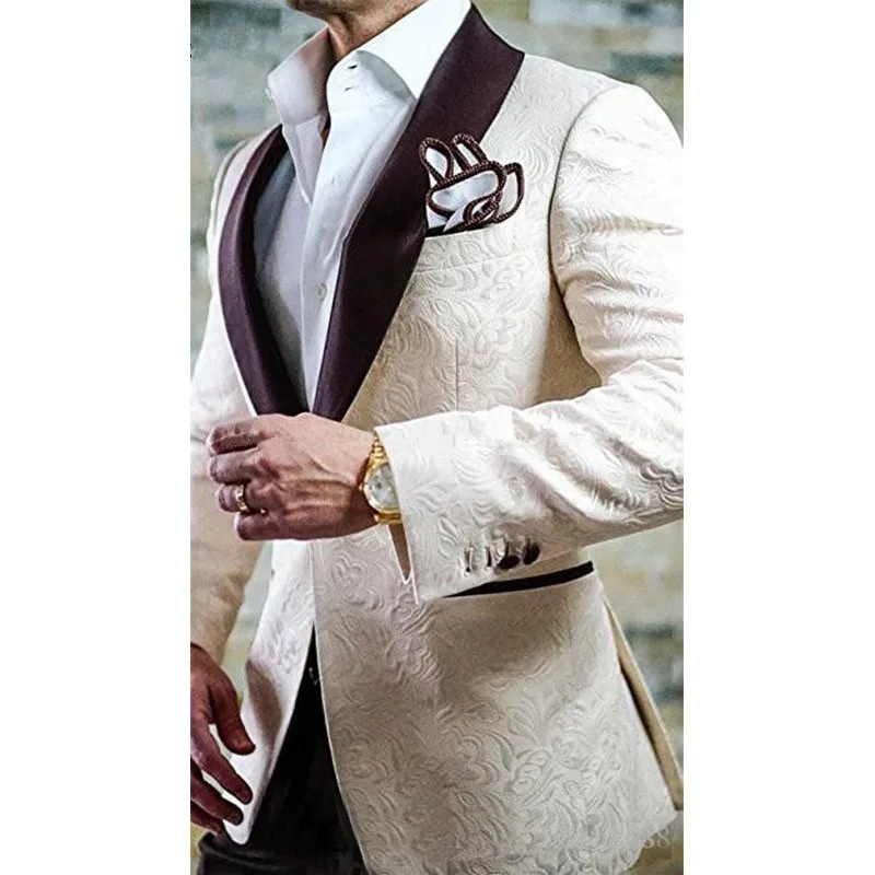 HD255 Men Suits Designers Ivory Jacquard Men Suit Shawl Lapel Tuxedo Formal Groom Blazer Slim Fit 2 Piece Suit Men