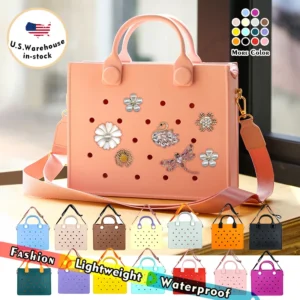 Perforated Colorful Reusable EVA Handbag Pink Women's Large Tote Bags for Women & Girl with Shoulder Strap for Beach & College