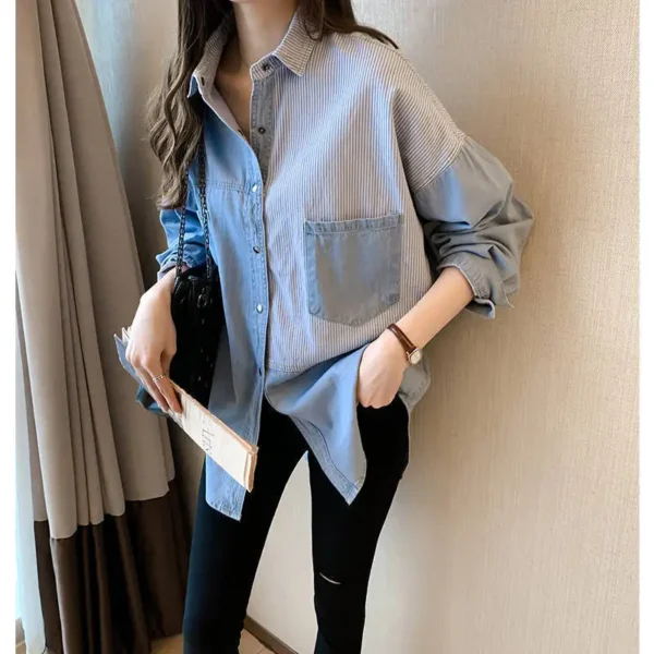 Women Shirt Casual Long Sleeve Denim Patchwork Shirts Women's Blouse Clothes Loose Striped Comfortable Tops Fashion Female Shirt - Image 2