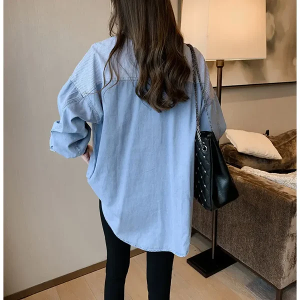 Women Shirt Casual Long Sleeve Denim Patchwork Shirts Women's Blouse Clothes Loose Striped Comfortable Tops Fashion Female Shirt - Image 6