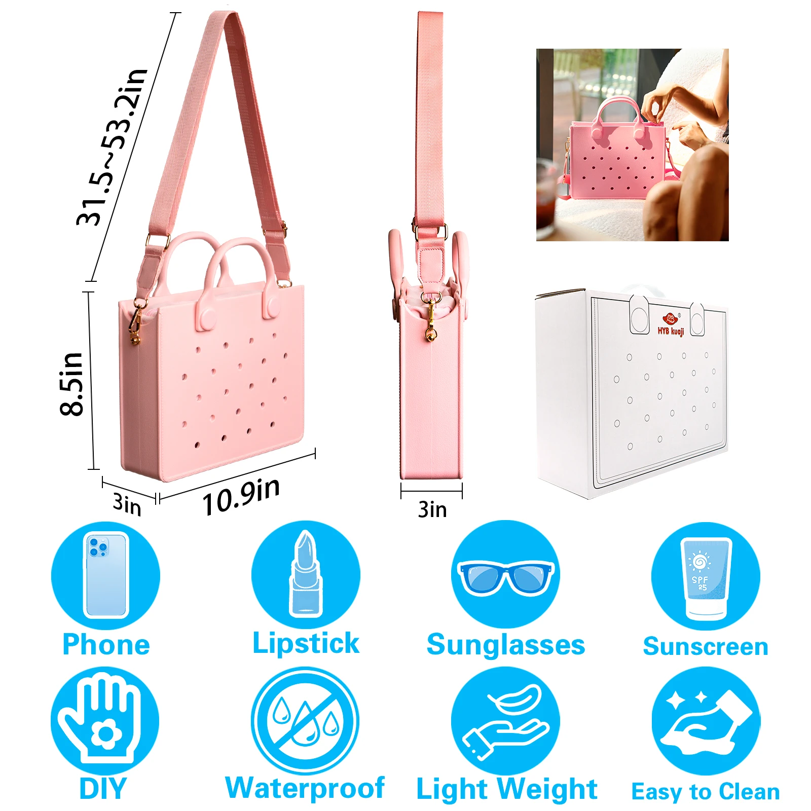 Perforated Colorful Reusable EVA Handbag Pink Women's Large Tote Bags for Women & Girl with Shoulder Strap for Beach & College - Image 2