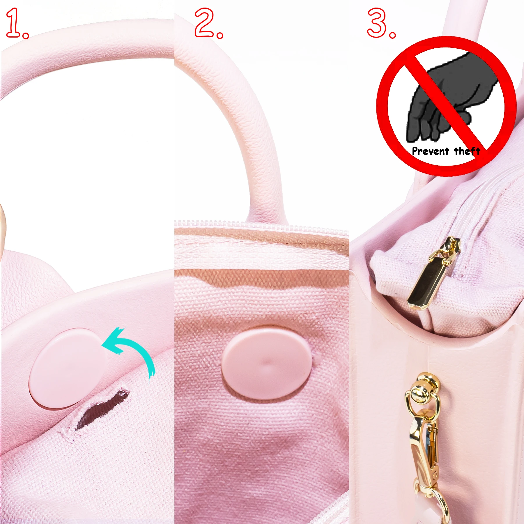 Perforated Colorful Reusable EVA Handbag Pink Women's Large Tote Bags for Women & Girl with Shoulder Strap for Beach & College - Image 3