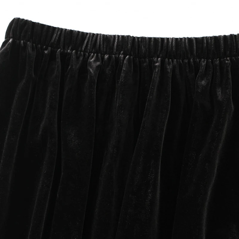 2024 Fall Winter Velvet Midi Skirt Women Ruffles Patchwork Elegant Warm Black High Waist Luxury Long A-line Skirt Ladies Faldas - Image 4