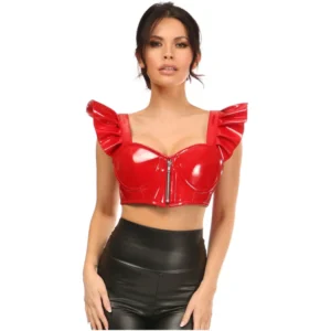 TD Lavish Red Patent Underwire Bustier Top for Women Removable Ruffle Sleeves Bodysuit