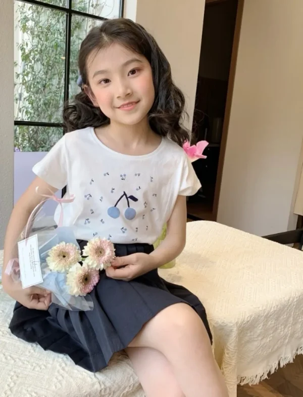 baby girl clothes kids t-shirt 100% cotton soft Blue Cherry Pattern Printed T-shirt - Image 5