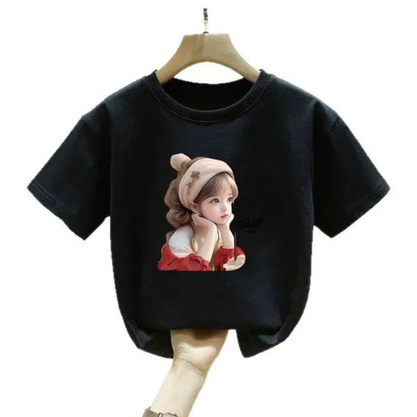 Girls' Short-sleeved T-shirt, Summer Baby Girl Print, Breathable, Round-neck, Half-sleeve, Fashionable Design Top T-shirt - Image 5