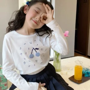 baby girl clothes kids t-shirt 100% cotton soft Blue Cherry Pattern Printed T-shirt