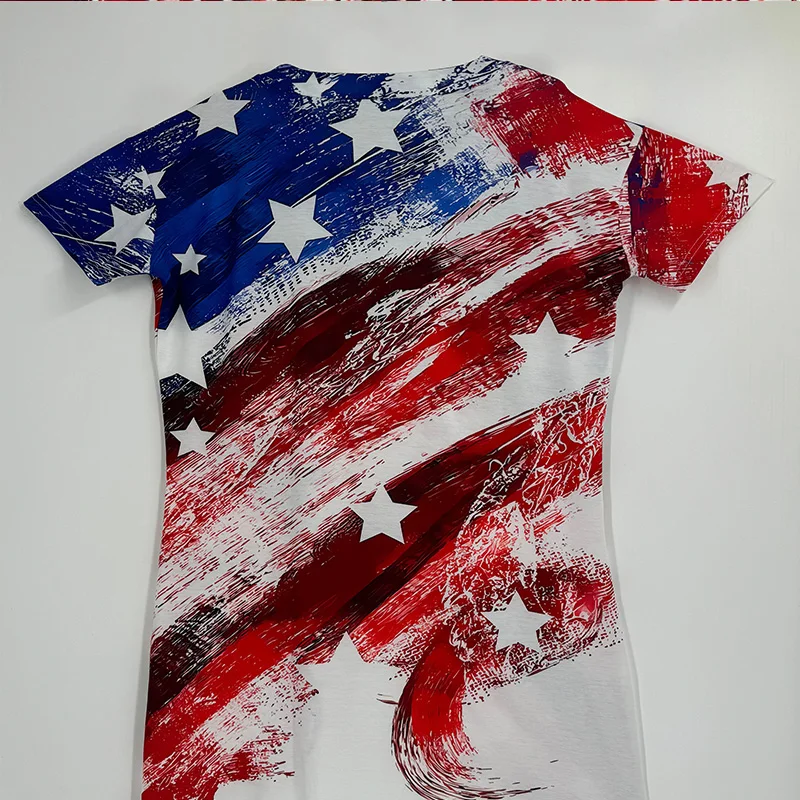 Large Size Casual Fashion Red Women's Gradient Digital Geometric Print Short-sleeved V-neck Loose Fit Comfortable Pencil Skirt D - Image 6