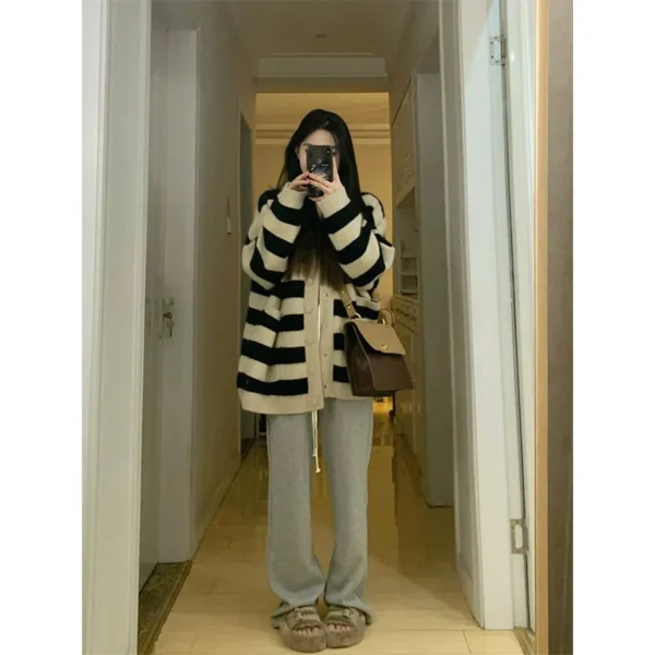 Sweater Female 2023 Spring Wear Korean Loose Slouchy Sweater Striped Knitted Cardigan Coat Women Spring and Autumn Sweater Top - Image 4