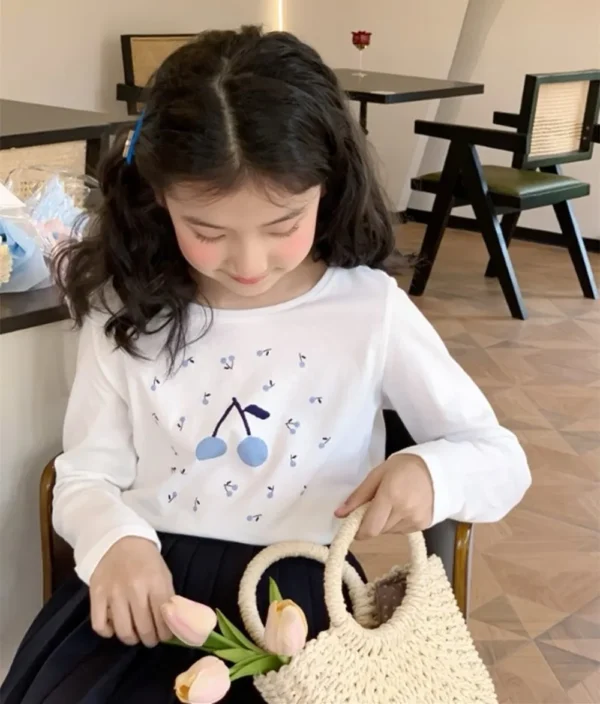 baby girl clothes kids t-shirt 100% cotton soft Blue Cherry Pattern Printed T-shirt - Image 3
