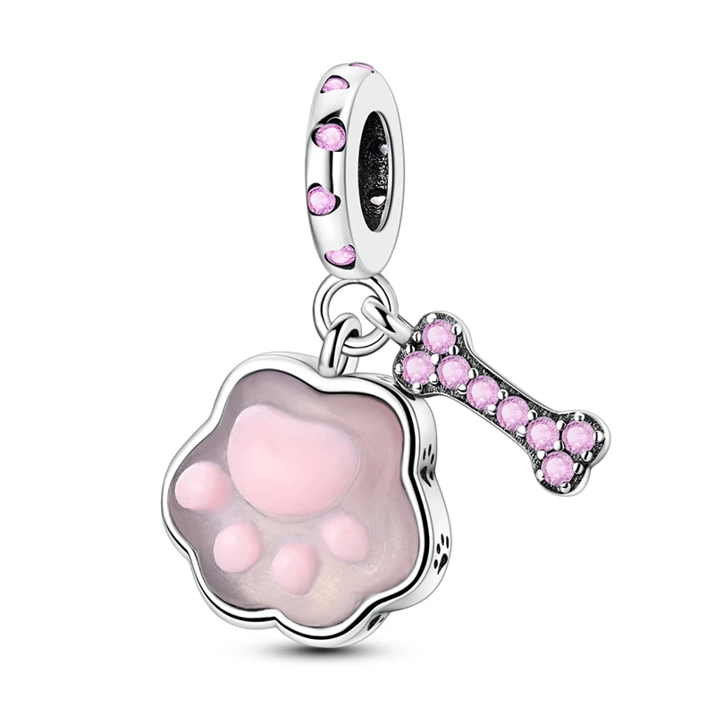 Love Pet Series Cute Pink Dog Paw & Bone Charms Beads Fit DIY 925 Sterling Silver Bracelet Necklace Women Jewlery Gift for Girl - Image 2